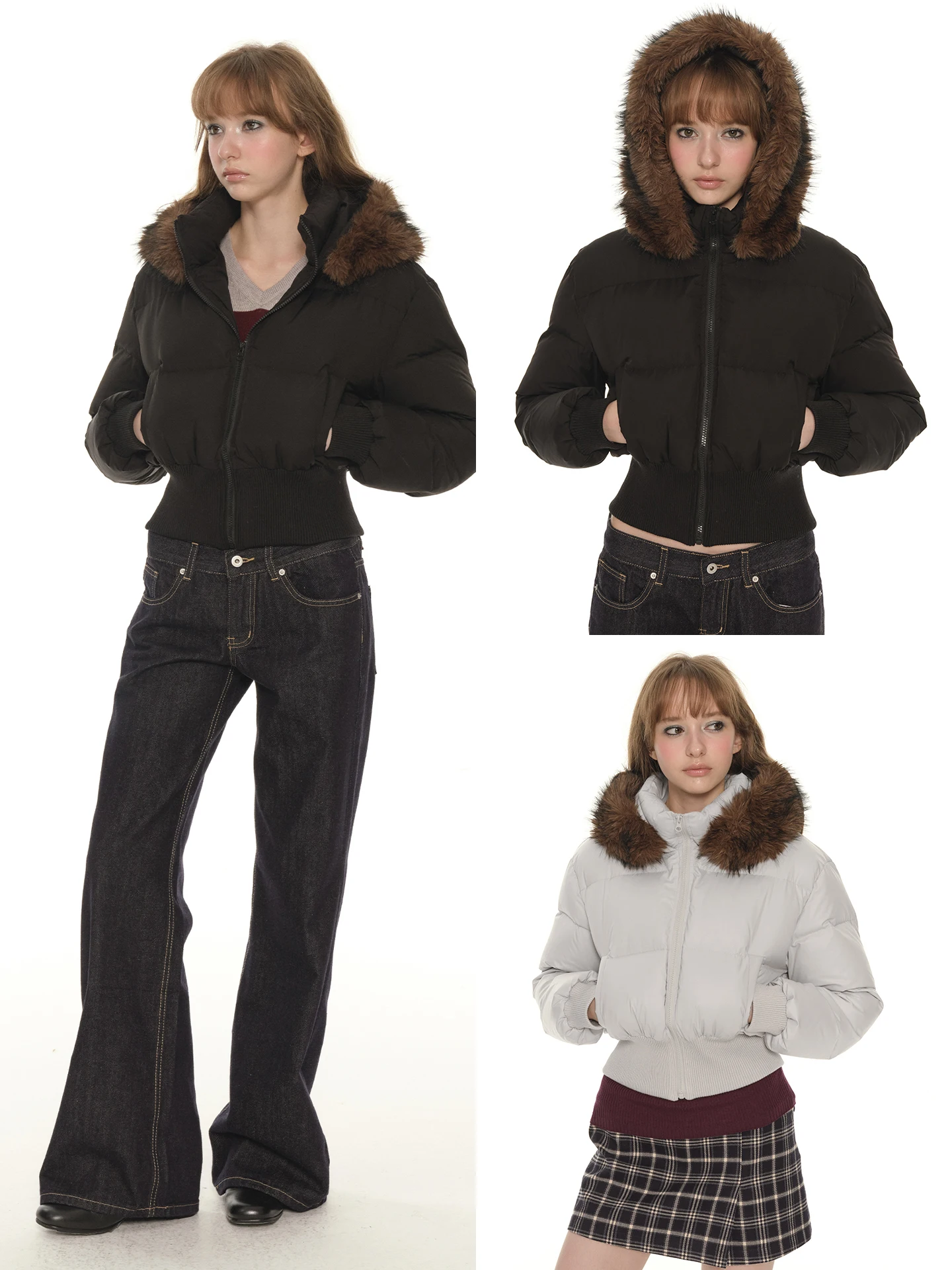 

Женская утепленная зимняя куртка UNRETRO с приталенным силуэтом, большим меховым воротником и теплой подкладкой, черная