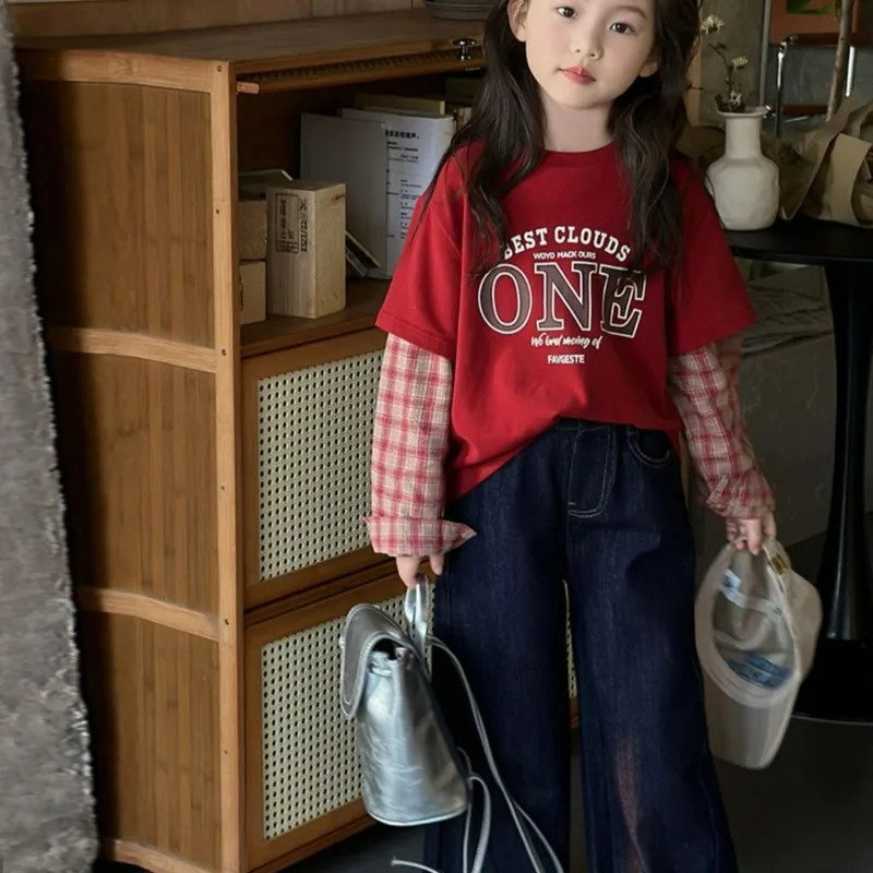 Fake Two Piece Round Neck Girls' Spring Autumn Clothes Elementary Girl 4 Years School Student Woman 2025 Children's Clothing Top