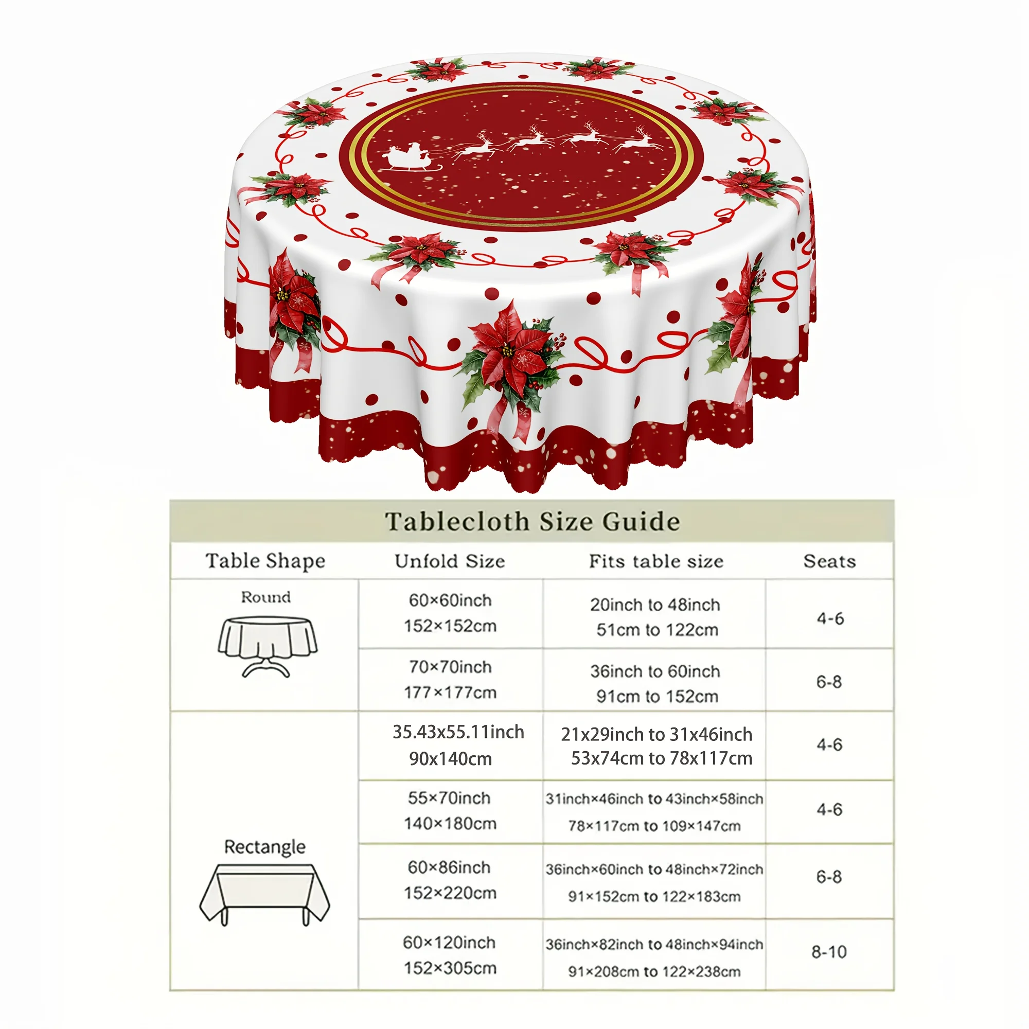 1Pc classic red gold Christmas round table cloth, printed with Santa Claus sleigh pattern on the center red background