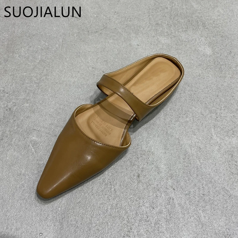 SUOJIALUN 2023 Spring New Women Slipper Fashion Pointed Toe Shallow Slip On Ladies Mules Shoes Soft Ladies Casual Sandal Shoes