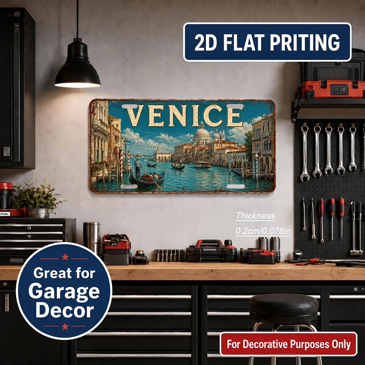 2D Flat, [2D Flat] 1pc Venice-Themed Vintage Italian Sign - Wall Decor Suitable for Home, Bar, Office | Rectangular Venetian Pla