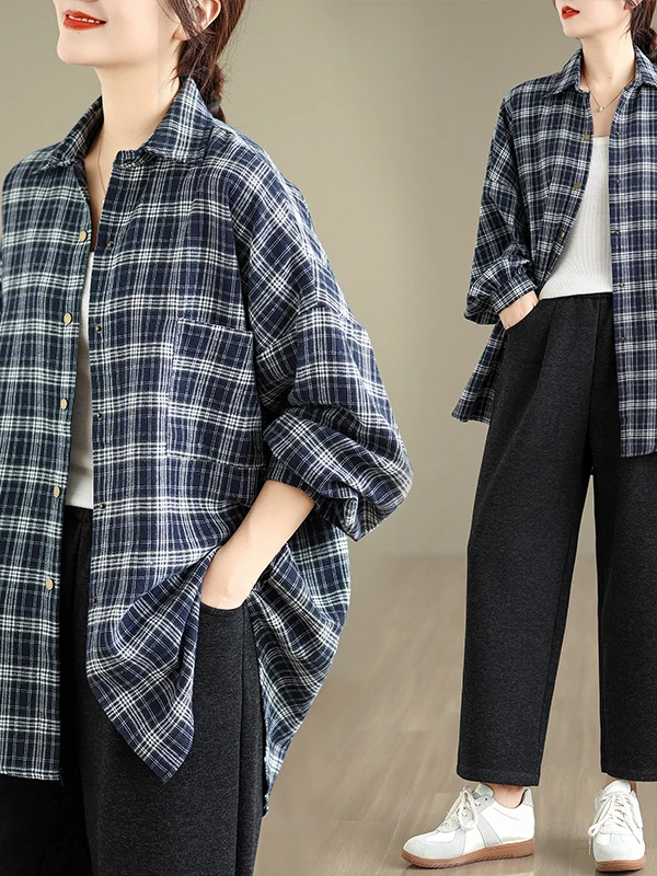 

Повседневная длинная женская одежда размера Sve irt больших размеров, художественная свободная универсальная клетчатая женская одежда на одной пуговице irt для поездок на работу, осенняя одежда