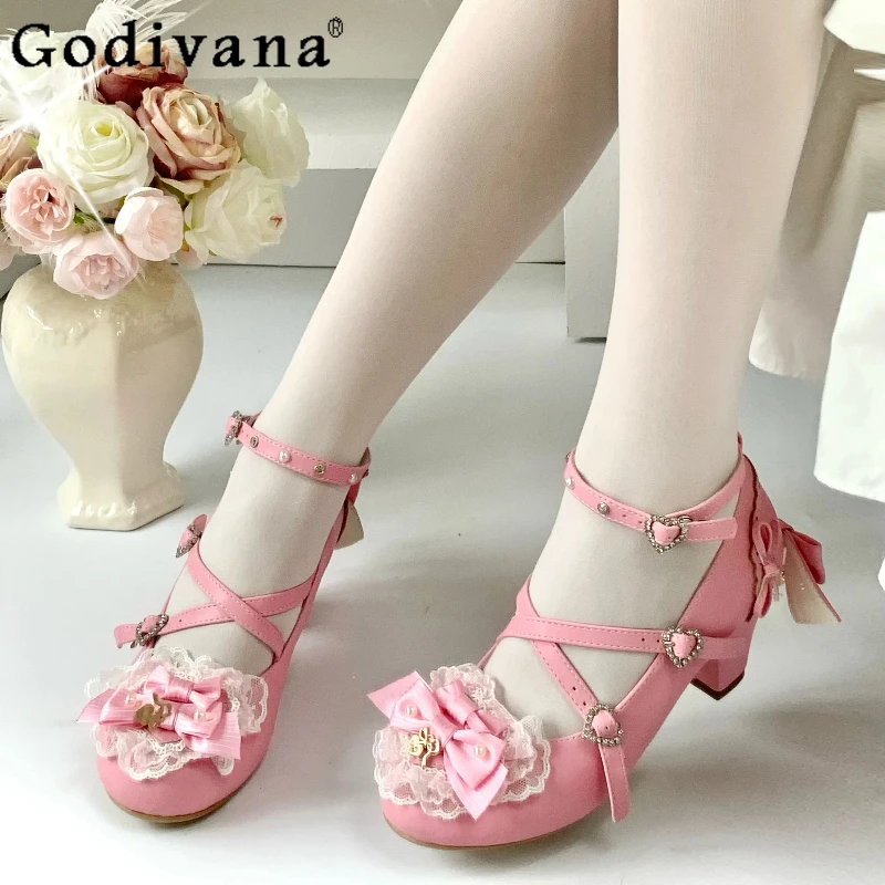 

Original Japanese Lolita Sweet Princess Mid Heel Pumps Spring and Autumn New Women's Cute Bow Elegant Tea Party Mary Jane Shoes