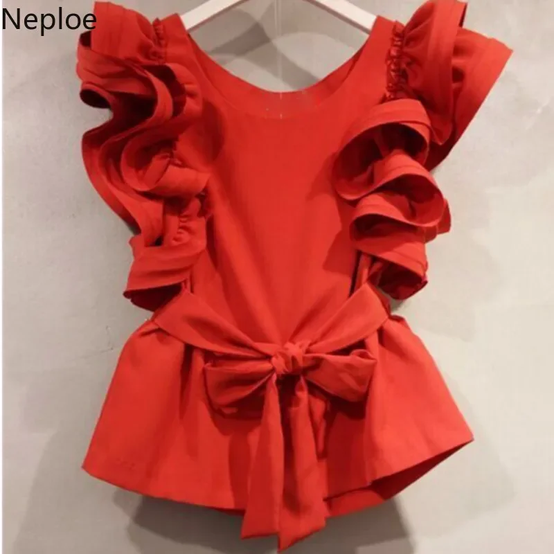 Neploe Sleeveless Ruffles Blouse Korean Sashes Waist-controlled Shirt 2024 Summer Sweet O-neck Solid Color Blusas Tops 43193