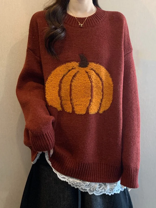 Red Pumpkin Knitted Sweater Women's Loose Fit Shoulder Winter Long Sleeve round Neck Top plus Size Fashion Commute Style