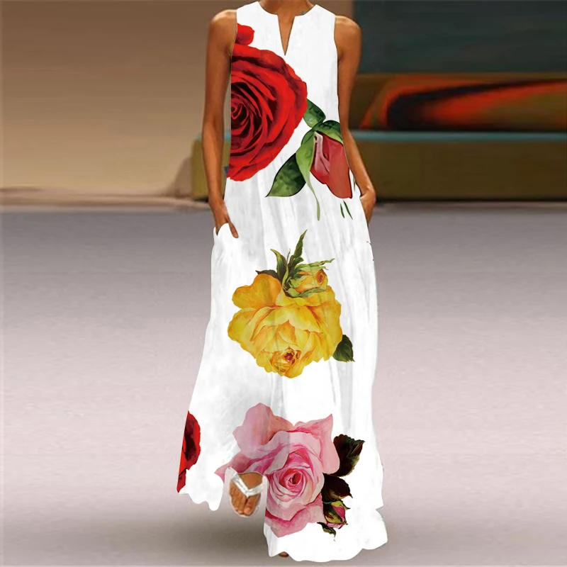 Modieuze dames maxi-jurk met holle V-hals, frisse bloemenprint, mouwloos, los, recht, strand, vakantie aan zee, lange jurk