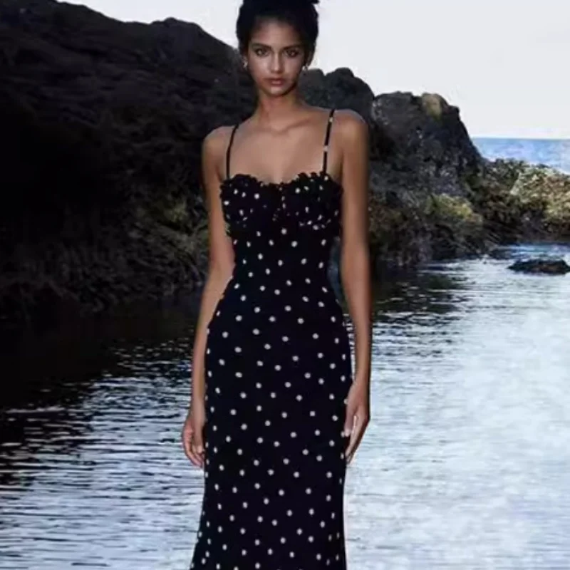 الصيف الاتجاه مائل الرقبة فستان المرأة منقطة طباعة السباغيتي حزام نحيل أنيق كلوبوير ماكسي Bodycon Vestidos