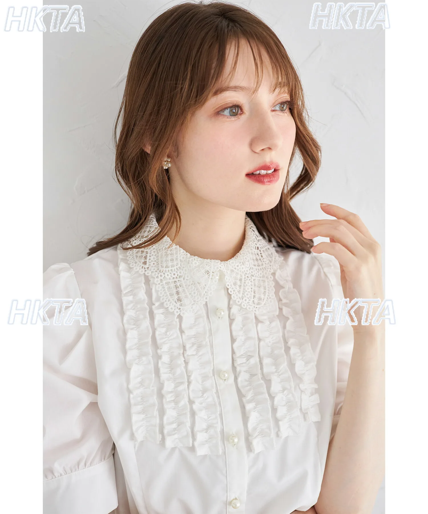 

Japanese Lace Lapel Pearl Button Up Ruffled White Shirt Female Sweet Commuter Versatile Bubble Short Sleeved Blouses Tops Women