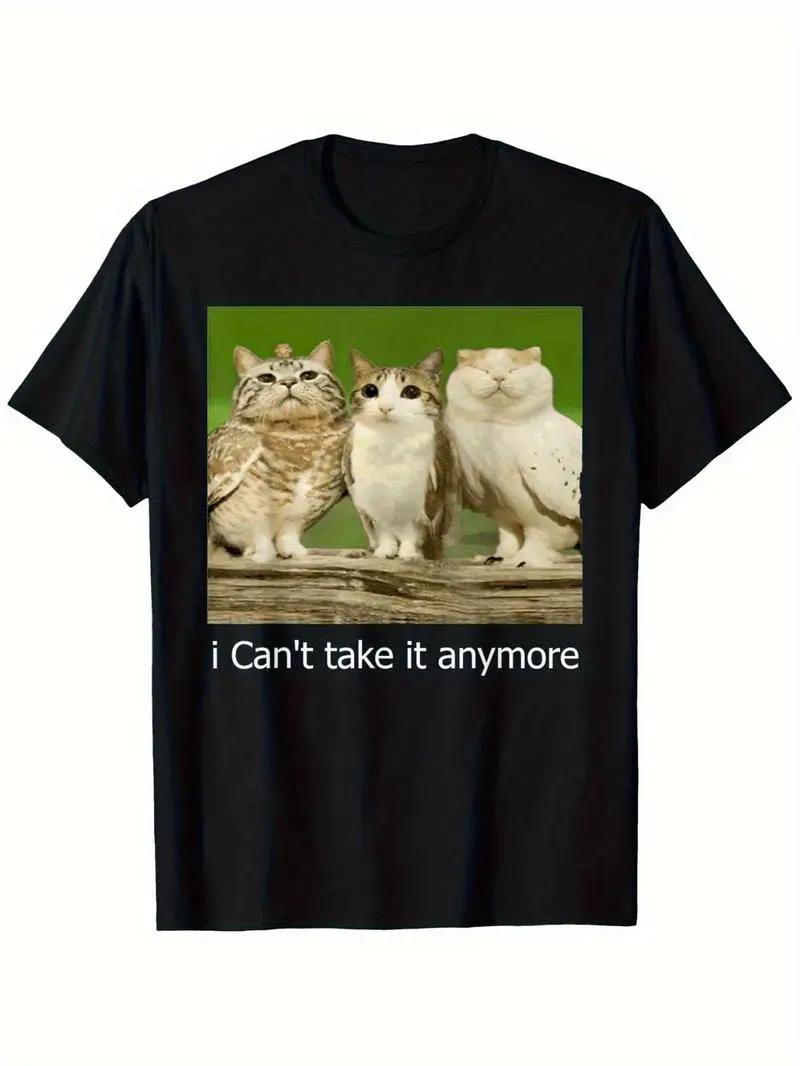 Men's Funny Cat & Owl Print T-Shirt, Meow Playful Design, Crew Neck Short Sleeve Tee, Regular Fit Casual Humorous Graphic Shirt