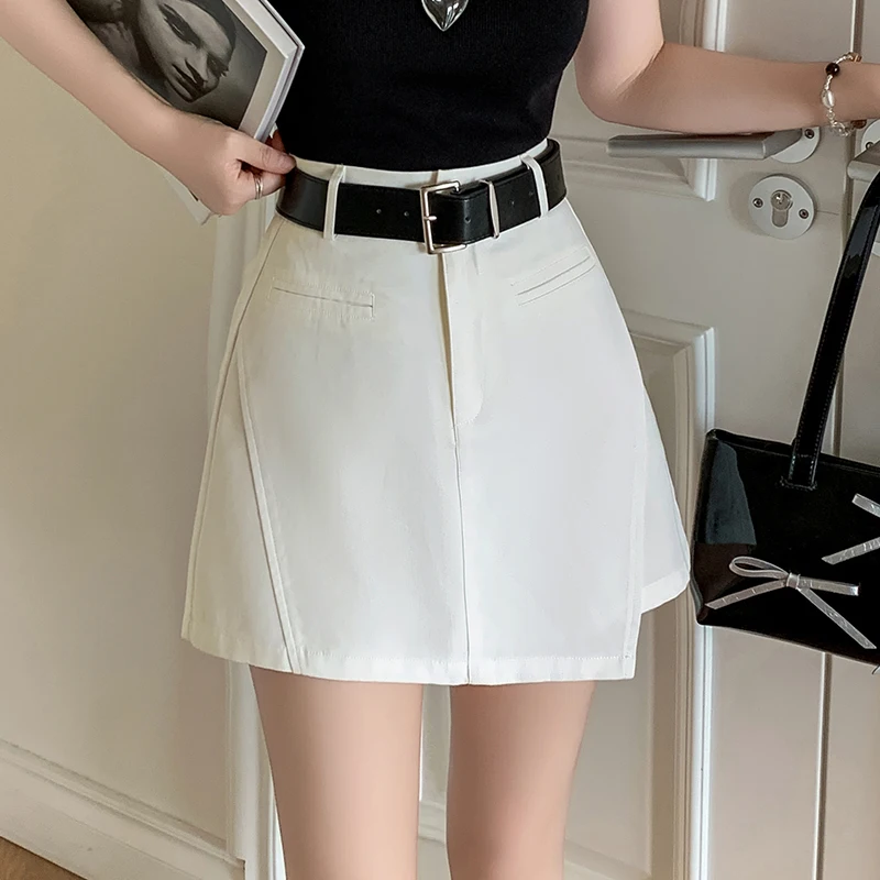 

Summer High Waist Solid Women's A-line Short Skirts With Belted 2025 New Irregular Office Casual Cargo Skirts Female