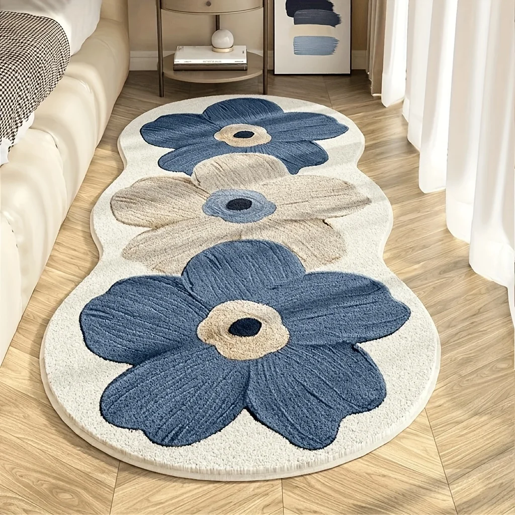 VIKAMA Plüsch-Blumenbereichsmatte im nordischen Stil, dekorativer Teppich mit blauen und beigen Blumen für Schlafzimmer, Teppich für Mädchenzimmer, Heimdekoration – Detail 5
