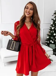 Ladies Casual Office Mini Party Dress Ruffled Elegant Dress See Through Sleeve Lace StitchingTie Waist Deep V-neck Dresses