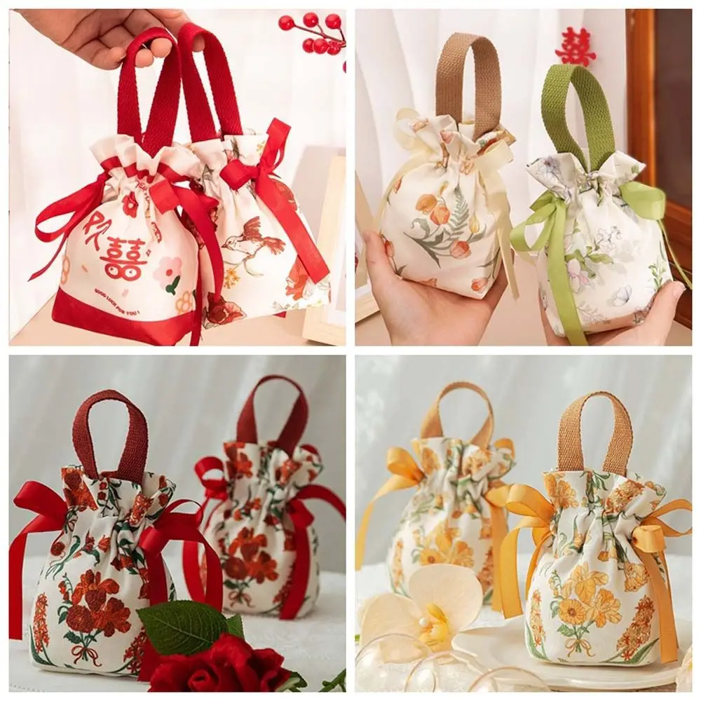 Bird Canvas Drawstring Bag Floral Korean Style Small Flower Wrist Bag Jewerly Packing Bag Large Capacity Festive Sugar Bag