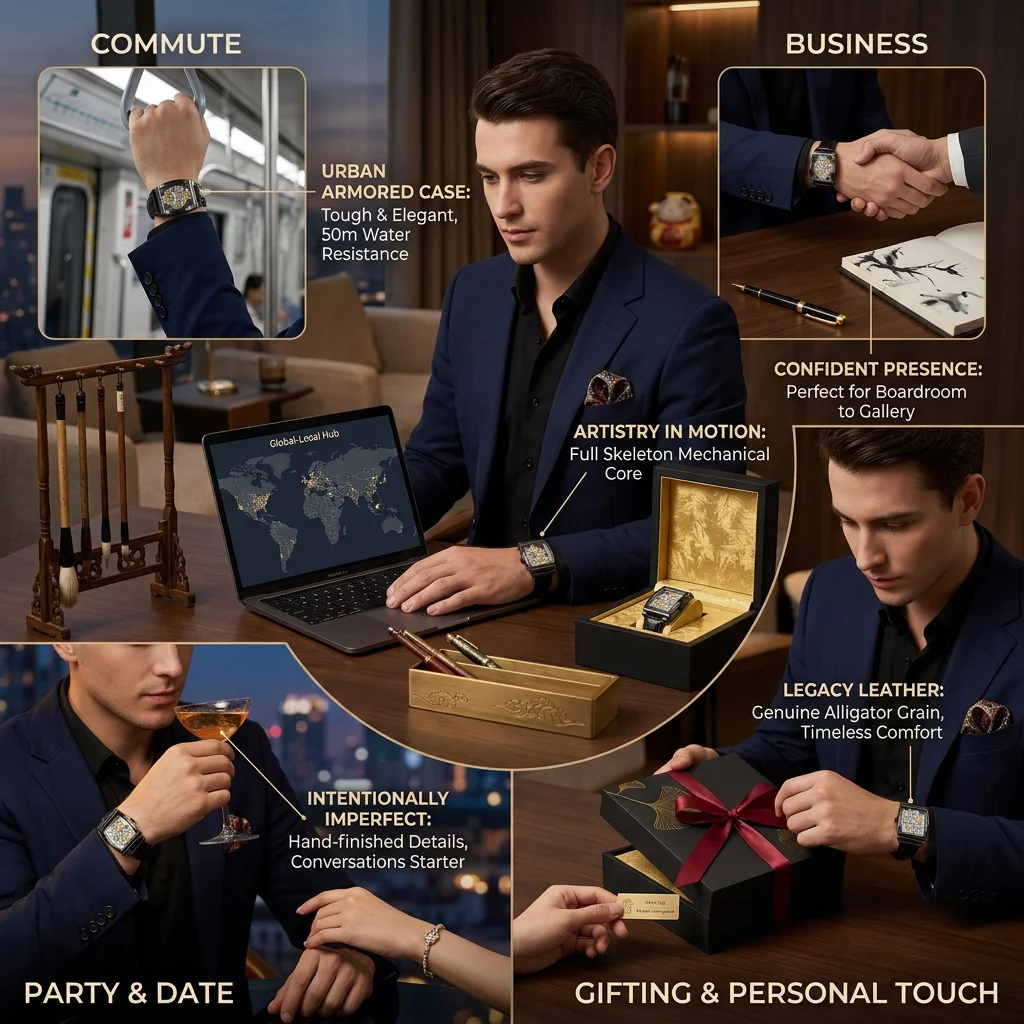 1pcs Stylish Skeleton Mechanical Watch Square Case Black Leather Strap Unique Gear Modern Fashion Wristwatch For Men Tre