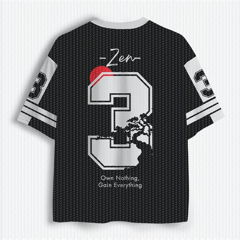 V Neck Black White Color Block Mesh Jersey T Shirt Chinese Zen Calligraphy Pine Tree Print Retro Oriental Streetwear Top