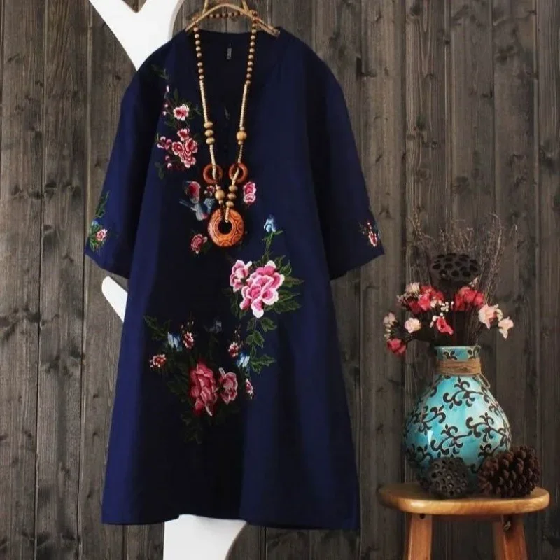 Casual Dress for Women Summer Embroidery Loose Ethnic Style Fashion Clothes Elegant Women Clothing Streetwear New