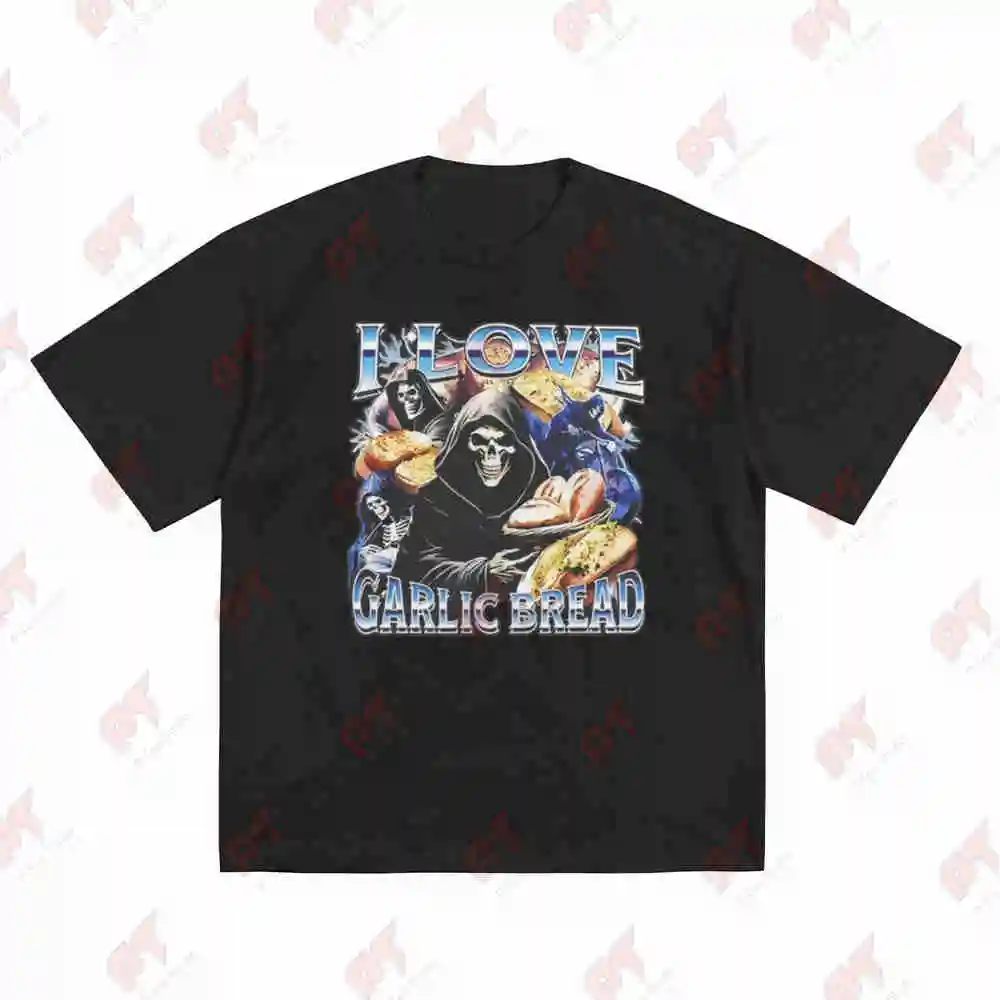 Gothic I Love Garlic Bread Skull Short Sleeve Tee 100% Cotton T-Shirt