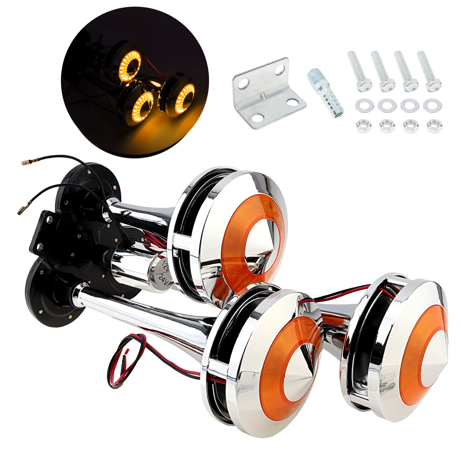 

12V / 24V Triple Trumpet 300DB Super Loud Chrome Plated Air Horn Kit with LED Light, Wear-resistant Triple Trumpet Air Horn