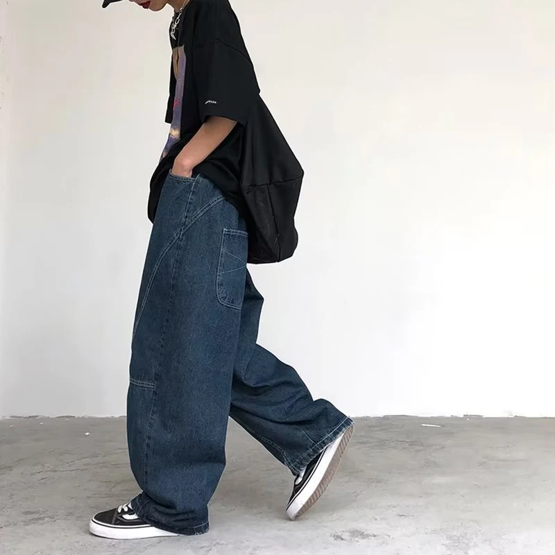 Japanese Oversized Jeans Men\'s Fashion Baggy Solid Color Casual Stitching Trousers Street Straight Harajuku Denim Pants