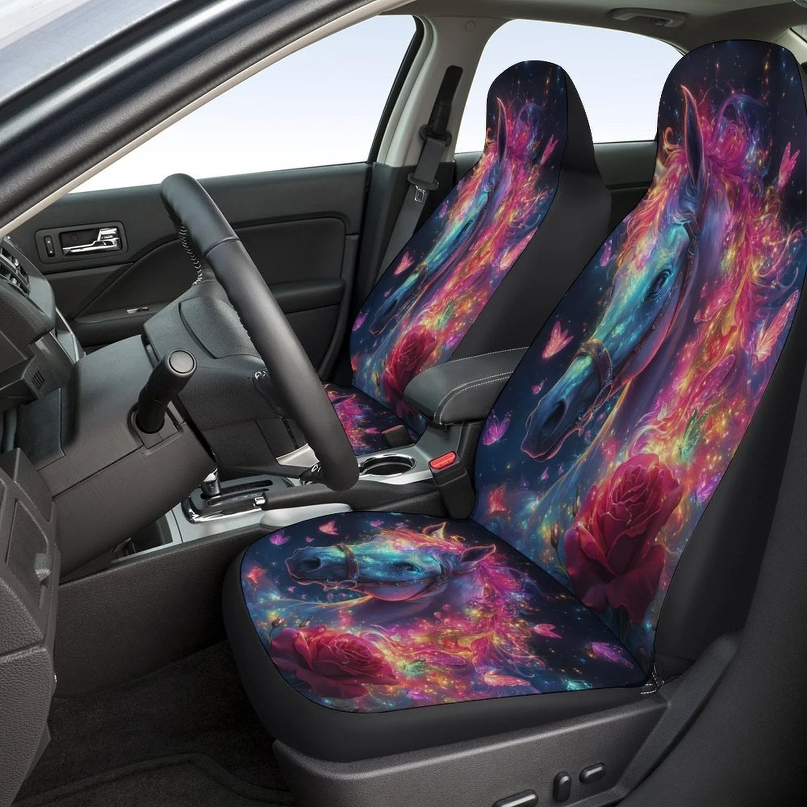 Stellar Horse Themed Car Seat Cover Set - Vibrant Neon Glow-in-the-Dark Design, Fit For Most Cars, Durable Polyester, Machine Wa