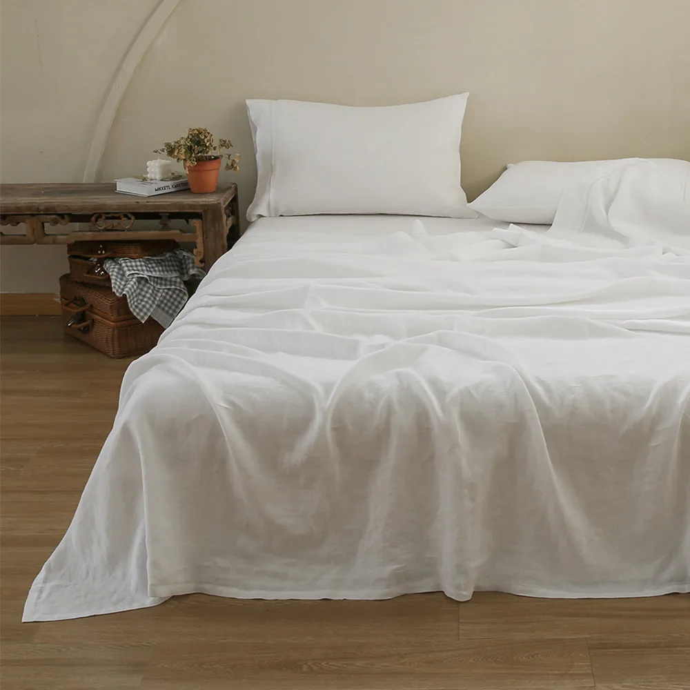 

Simple&Opulence 100% Linen Breathable Farmhouse Bed Sheets Sheet Set 4 Pcs Basic Style Washed Embroidery Flax Soft