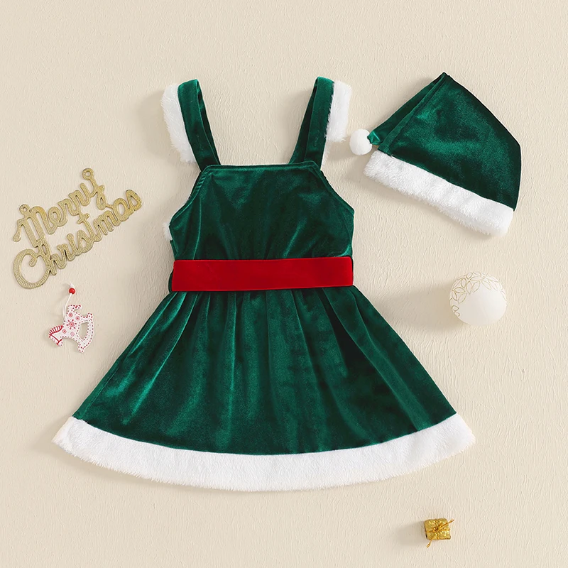 6M-3Y Baby Girls Christmas Dress Velvet Plush Terry Trim Patchwork Bow Waistband Sleeveless A-Line Tank Dress with Hat