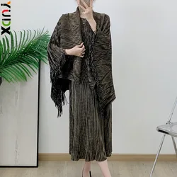 YUDX Stamped Dress Set Fringe Shawl Cardigan Vest Long Skirt Pleated Dress 2 Piece Set 2024 Fall New