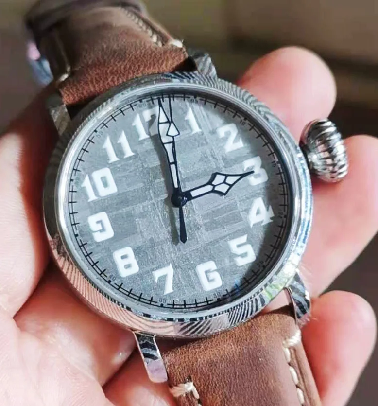 Luxury Men\'s Automatic Mechanical Watch Pilot Watch Damascus Steel Sapphire Mirror Retro Flieger Watch Meteorite Dial Pt5000