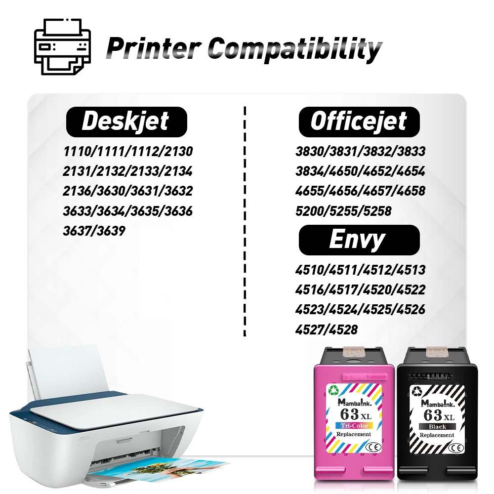 QSYRAINBOW 63XL Cartridge Compatible For HP 63  Ink Cartridge Deskjet 2130 2131 3630 4250 5258 5264 5230 5232 5255