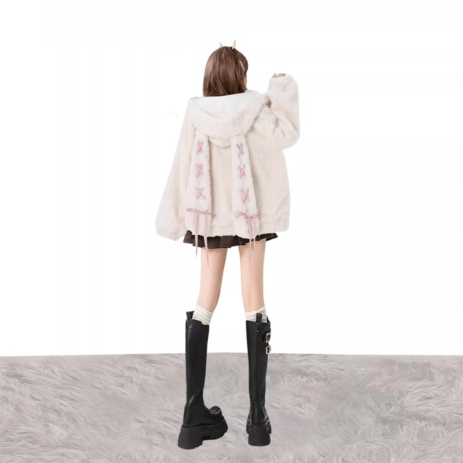 2025 Winter New Women's Sweet Bunny Ear Tie Lamb Wool Hooded Coat Thickened Padded Warm Loose Plush Cotton Jacket