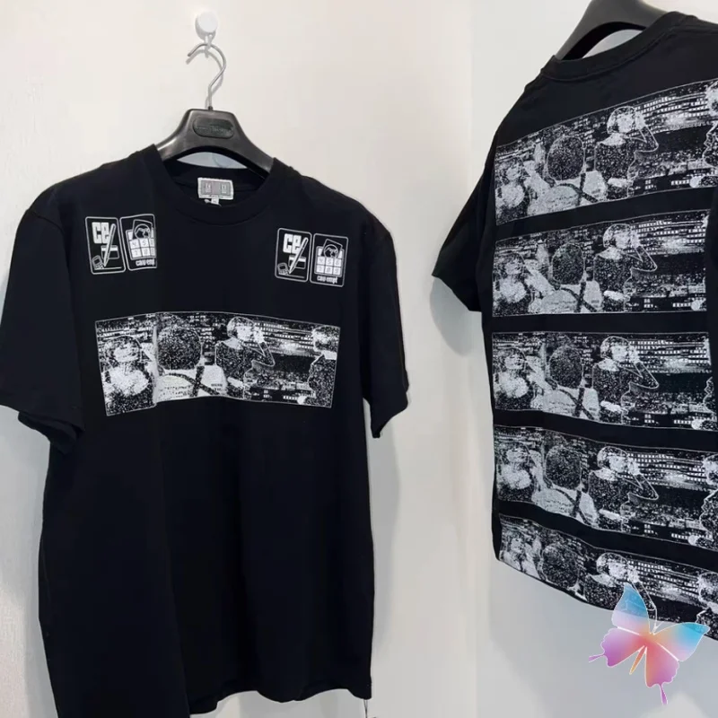 Summer CAVEMPT Short Sleeve Tops Abstract Manga Women Face Print Round Neck T-shirt Black White Streetwear Unisex CE Tops