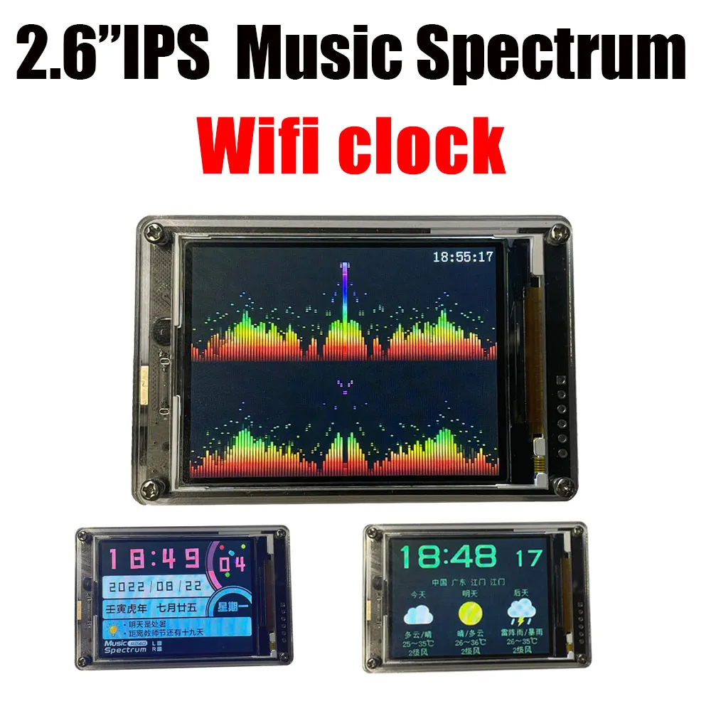 Imagem -02 - Equalizador de Espectro de Música Lcd Ips de 2.6 Polegadas Analisador de Exibição Captador de Relógio Wi-fi Controle de Voz Indicador de Nível de Áudio Carro Aux dc 5v12v