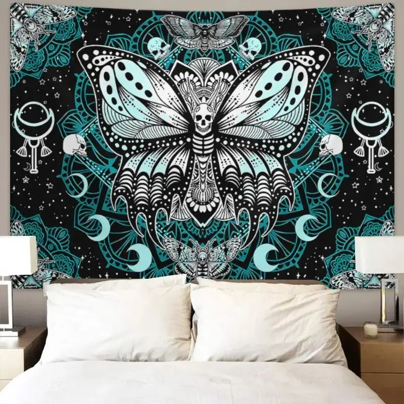 VIKAMA Teal Moth Skull Moon Mandala Tapestry Dark Goth Bohemian Wall Hanging Teen Bedroom Aesthetic Decor