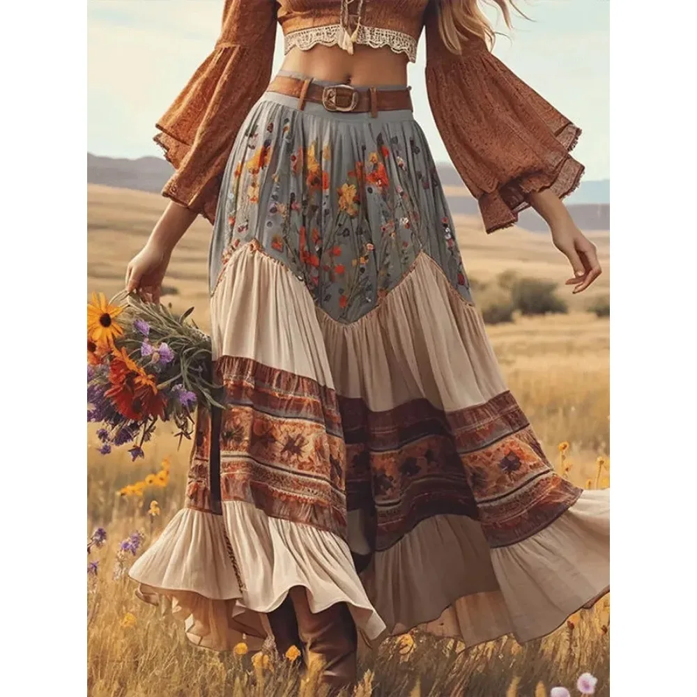 

Женская богемная юбка с цветочным принтом и рюшами по подолу, струящаяся шифоновая юбка трапециевидной формы с эластичной резинкой на талии, повседневная пляжная стиль