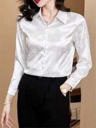 Silk Shirts Satin Women's Shirt Jacquard Long Sleeved Blouses for Women  Autumn Blous Basic Button Up Lady Shirts Fashion Blouse