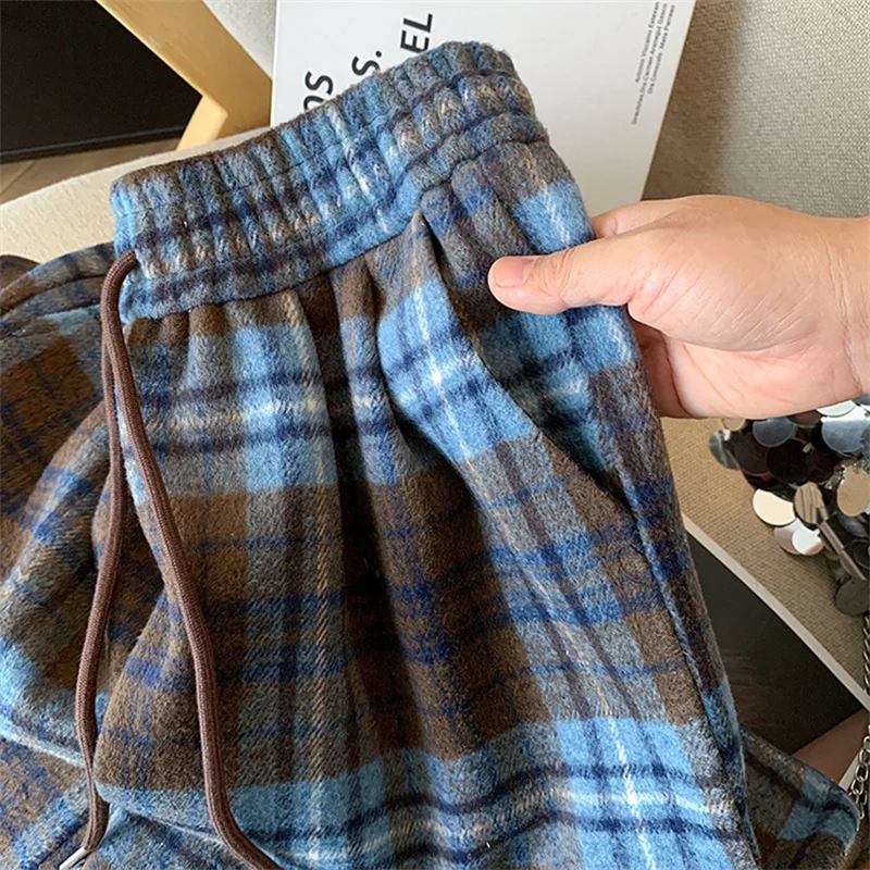 Plaid Wolle Breite Bein Hosen frauen Herbst Winter Plüsch Verdickt Gut Aussehende Casual Vielseitig Lose Elastische Taille Hosen Weibliche