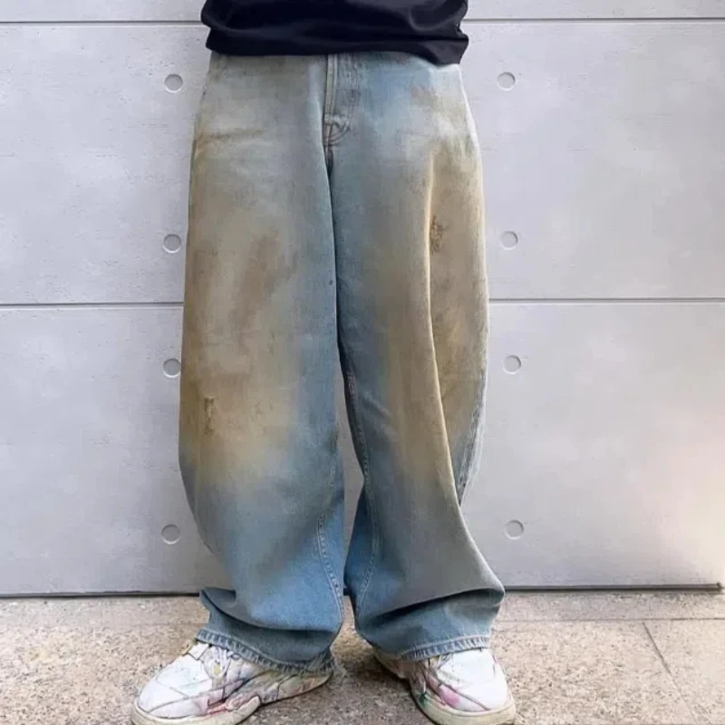 Y2k Streetwear Denim Pants High Street Mud Dyeing Destroy Pants Washed Distressed Pant Baggy Jeans Wide Leg Pants