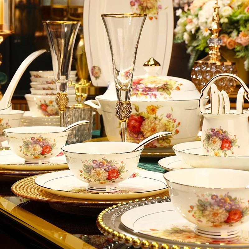60 pieces European bone china hand-painted drawing dishes, ceramic tableware set