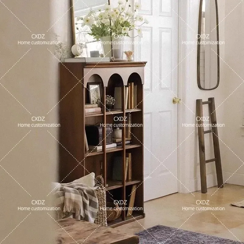 Retro Solid Wood Bookcase Living Room Storage Display Cabinet Multi-functional Floor Locker for Small Apartment Household Use