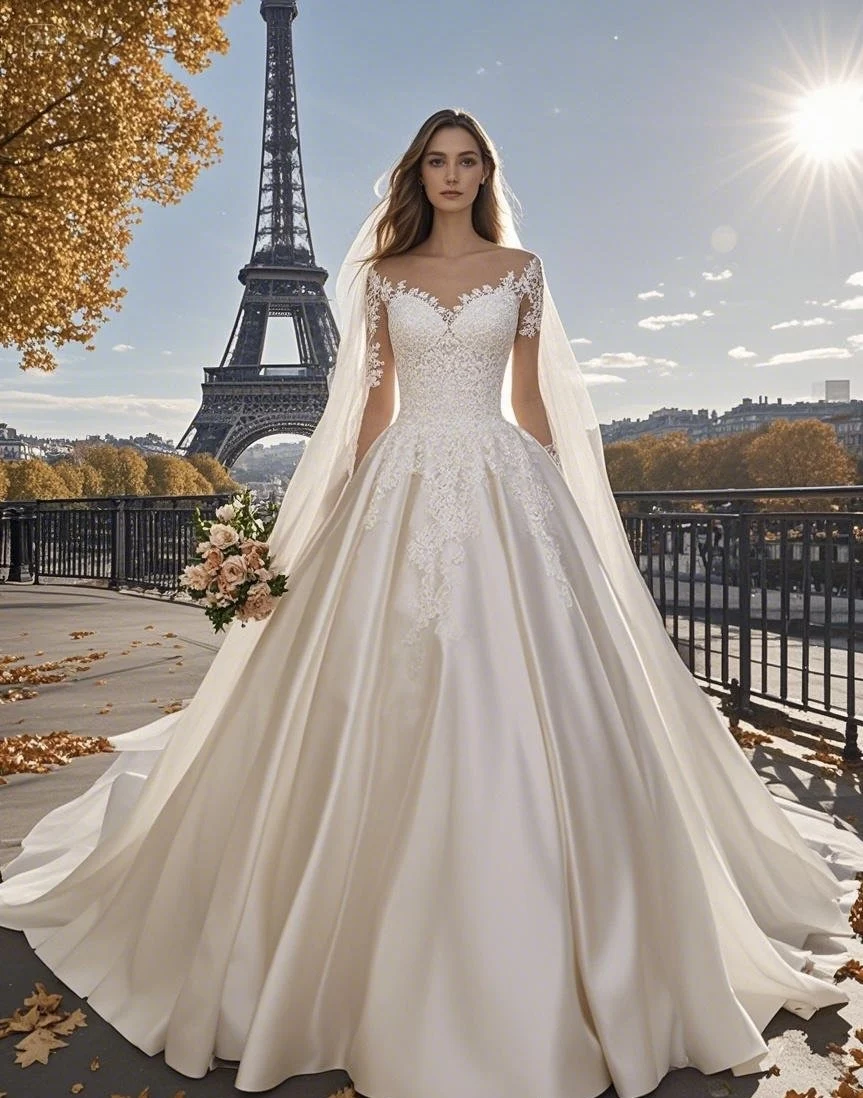 

Customized 2026 Elegant Satin Wedding Dress Ball Gowns Appliqued Lace Long Sleeve Bride Dresses Wedding Gown vestidos de novia