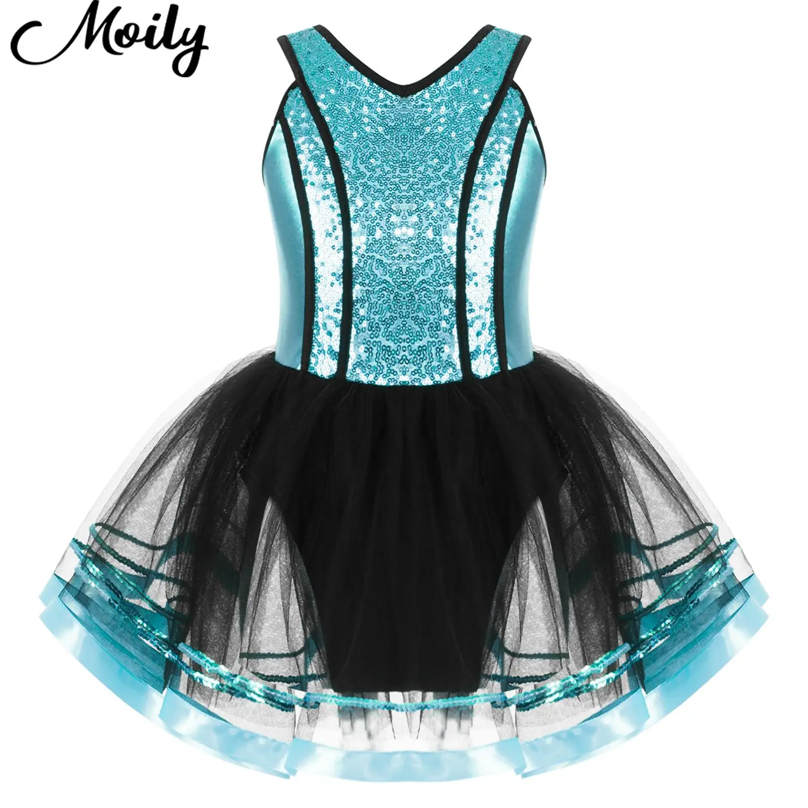 

Ballerina Kids Girls Ballet Leotards Dance Dresses Sleeveless V Neck Shiny Sequins Tutu Mesh Figure Ice Skating Dress Dancewear