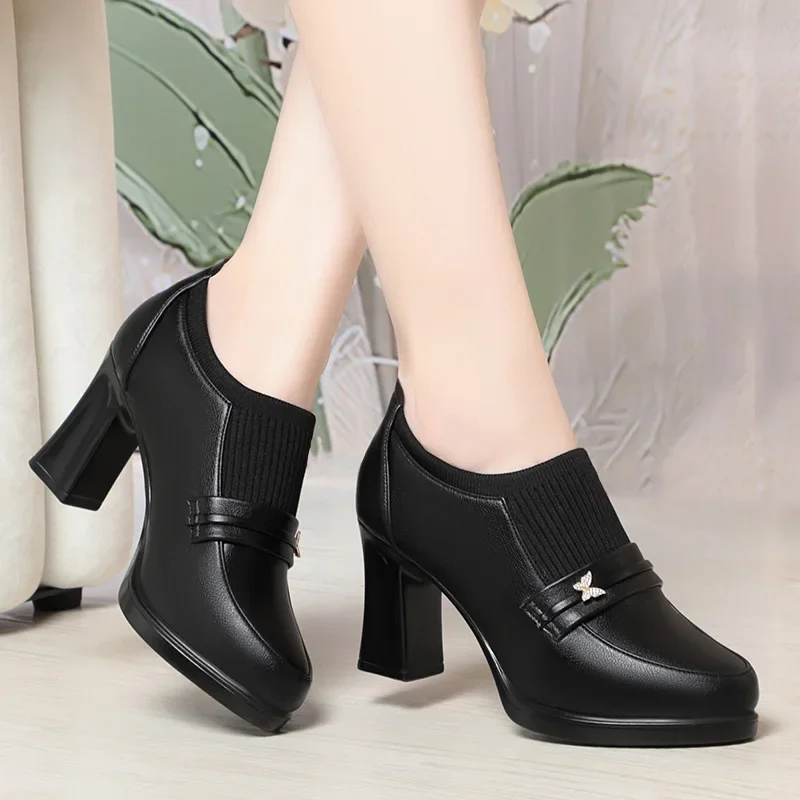 5.5cm 7.5cm Comfortable Black Butterfly Flexible Platform Pumps Women 2024 Spring Block High Heels Shoes for Office Model Mom