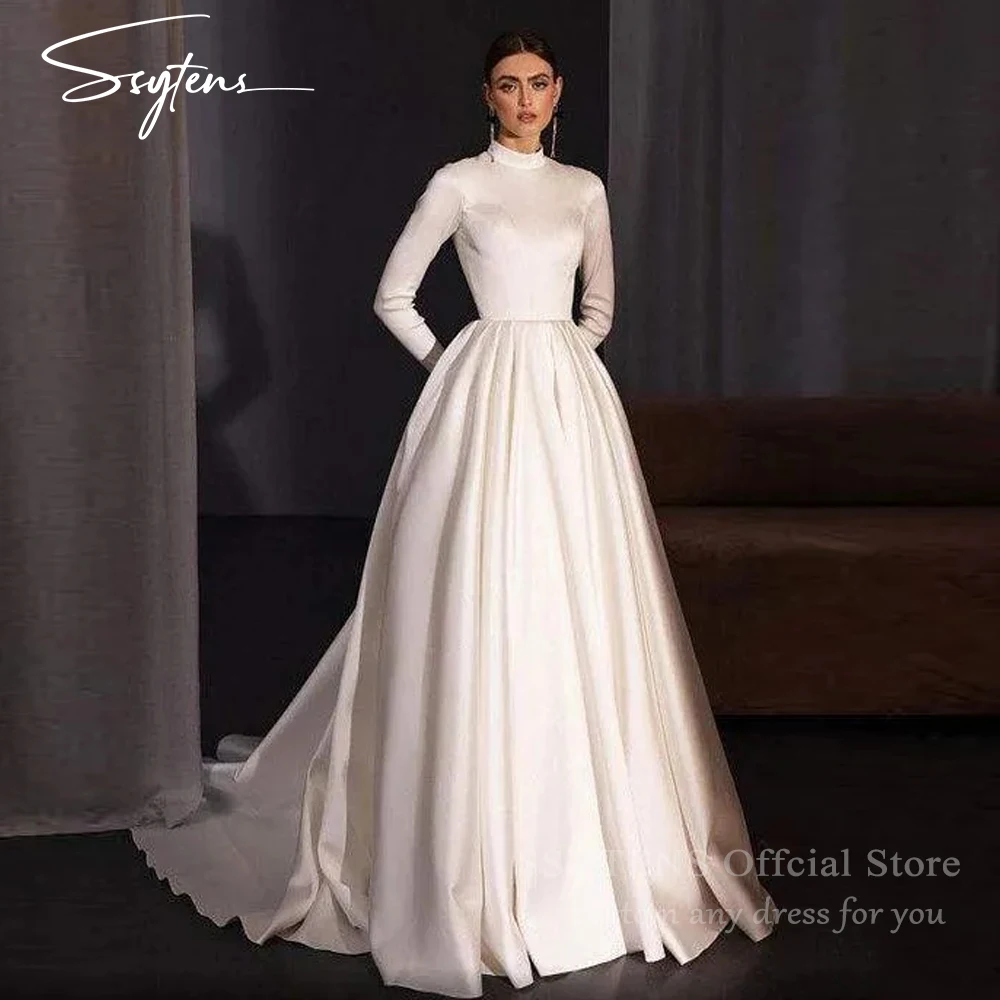 

SSYYENS High Neck Muslim Wedding Dresses For Women Sheer Back Modest Long Sleeves Buttons Satin Bridal Gown for Bride Customized