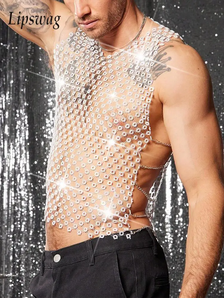 Nightclub Sexy Crop Tank Tops Men's Glitter Sequin Vest Party Fashion Sleeveless See Through Mesh Camisoles Mens Clubwear