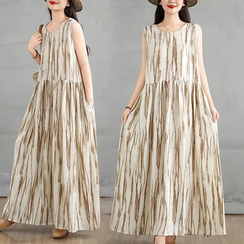 Retro Tie Dye Dress Loose Vest Dress Women's 2025 Summer Fashion Stylish Slimming Long Dress G1113