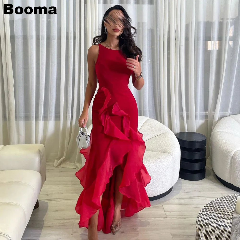 

Booma Red Saudi Arabic Mermaid Formal Party Gowns O-neck Ruffles Sleeveless Prom Dress 2023 Evening Gown Robe De Soirée Dubai