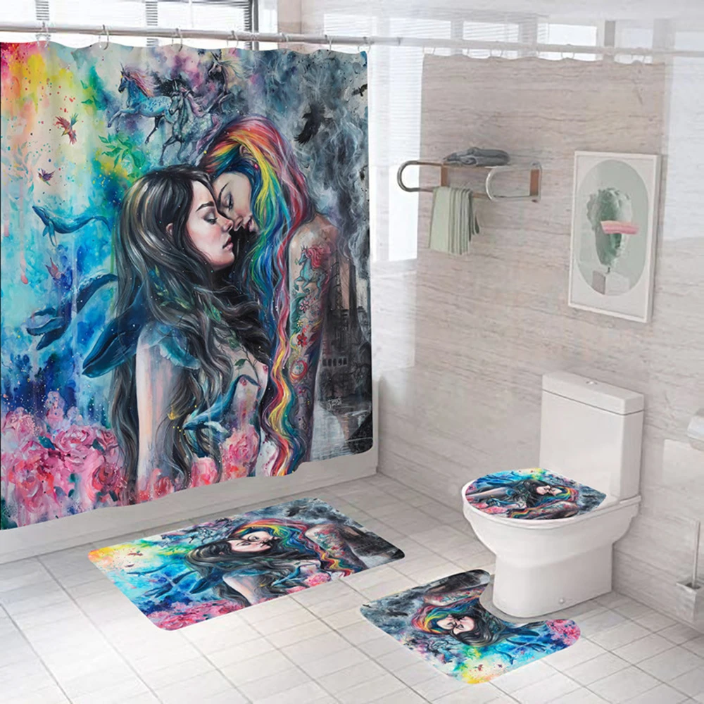 Romantic Love Theme Shower Curtain Sets Rugs Blooming Bath Rug and Mats with Hooks Toilet Seat Cover Waterproof Bathroom Decor