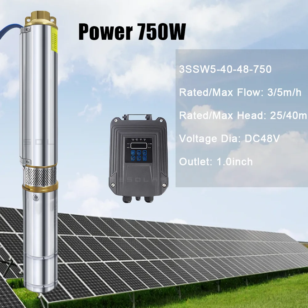 MPPT 750W DC48V Solar Deep Well Water Pump Controller Stainless Steel Brushless Submersible Pump for Villages Families Farms