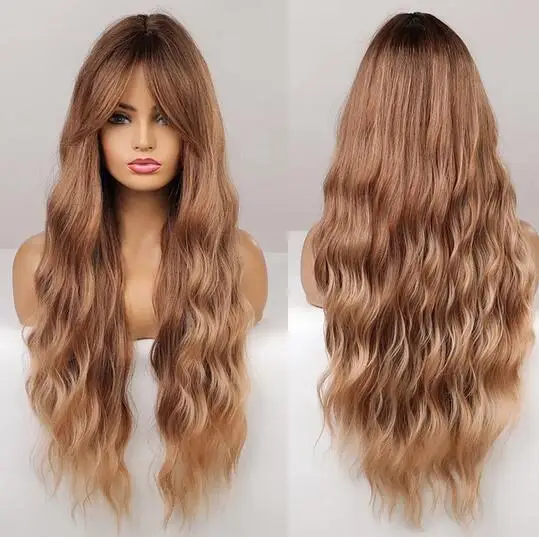 Long Brown Blonde Wigs with Bangs Water Wave Heat Resistant Wavy Hair Synthetic Wig for Women Daliy Natural Lolita