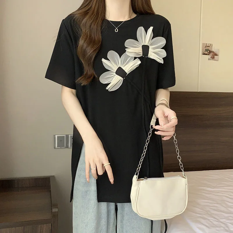 Women Three dimensional Flower Short Sleeve T-shirt Women\'s Summer 2023 New Korean Chic Black Loose O Neck Split Top